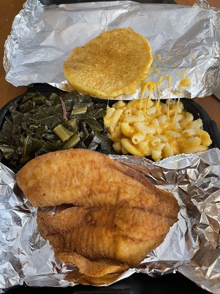 Fried Tilapia Fillet with Greens and Mac and Cheese